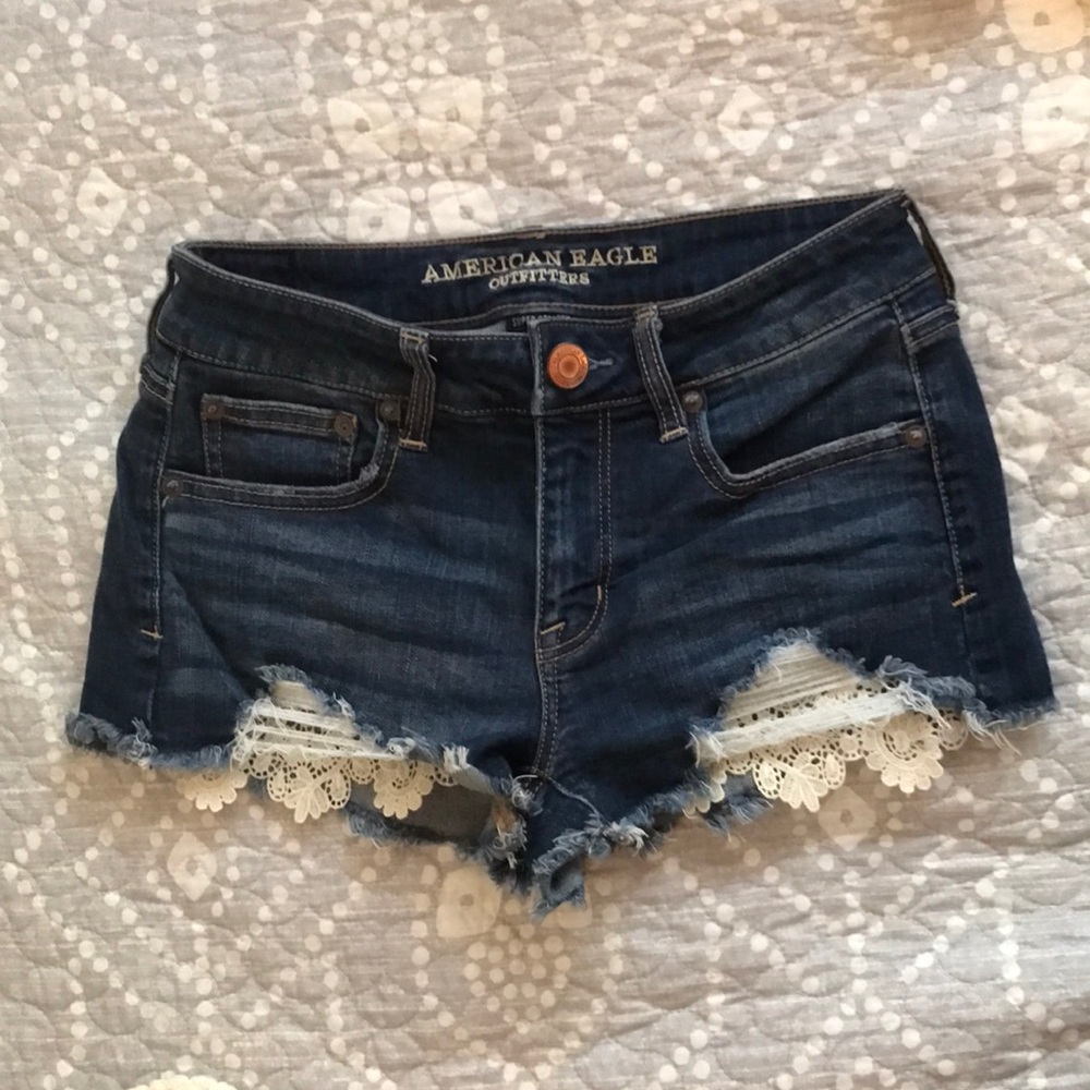 American Eagle Super Stretch Shortie Blue Denim Cutoff Jeans Shorts Lace Details